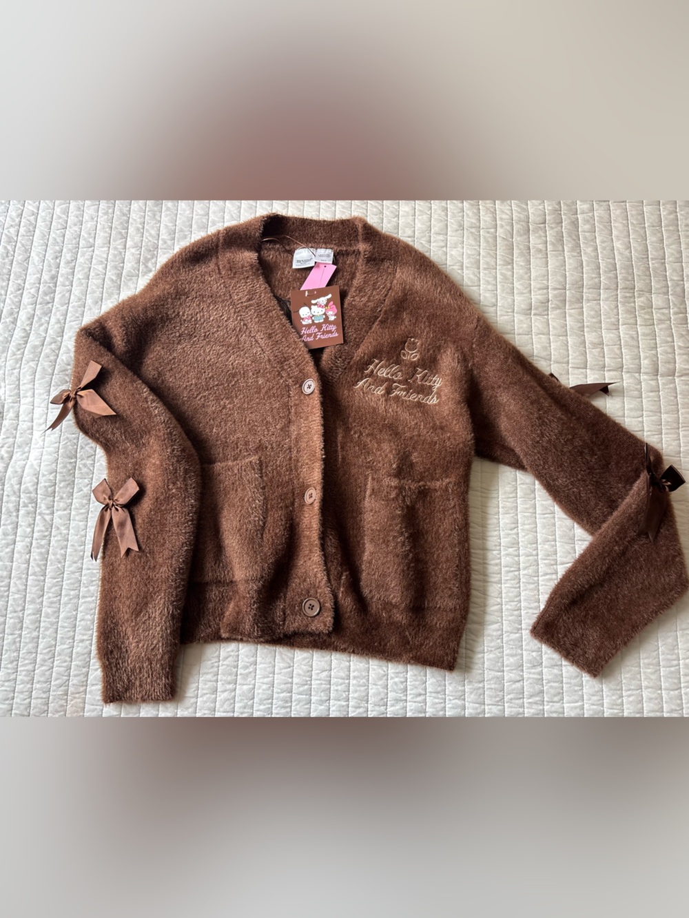 Hello Kitty Brown Fuzzy Cardigan with Pink Tag